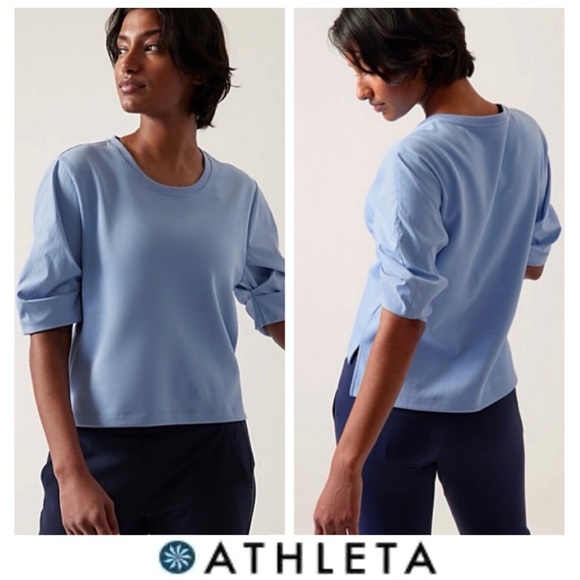 ♥️NWTS-$90 ATHLETA Harlow Hybrid Tee L Blue Lightweight Buttery Soft Knit Cotton - Picture 1 of 8